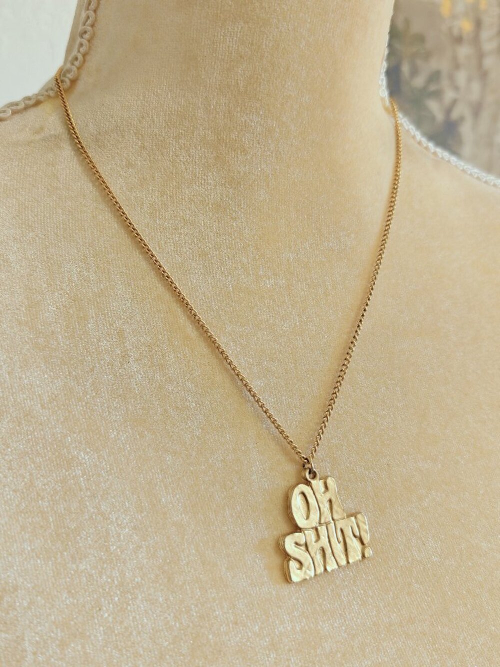 Vintage 70s Oh Shit Gold Tone Novelty Pendant Necklace